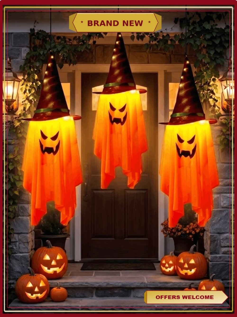 Set of 3 LED Hanging Pumpkin Ghost Decorations with Witch Hat for Halloween